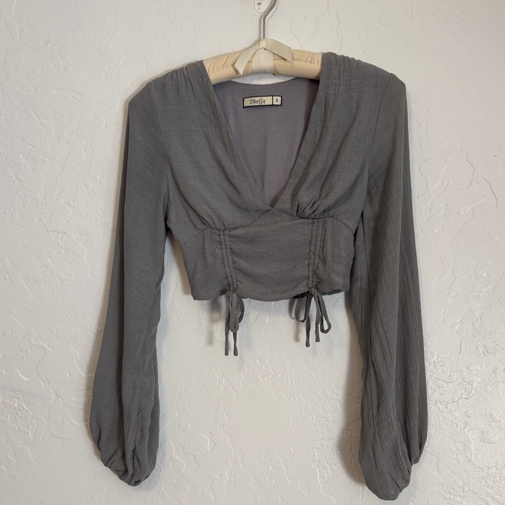 2bella Boutique Charcoal Gray Long Sleeve Festival Crop Top Blouse